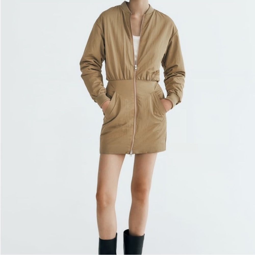 Zara Olive Bomber Dress Jacket Coat Size Small - Picture 5 of 8